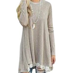 Wekili Knit Top w Lace at Hem NWT Neutral LS Cotton Fabric Comfortable, sz. L